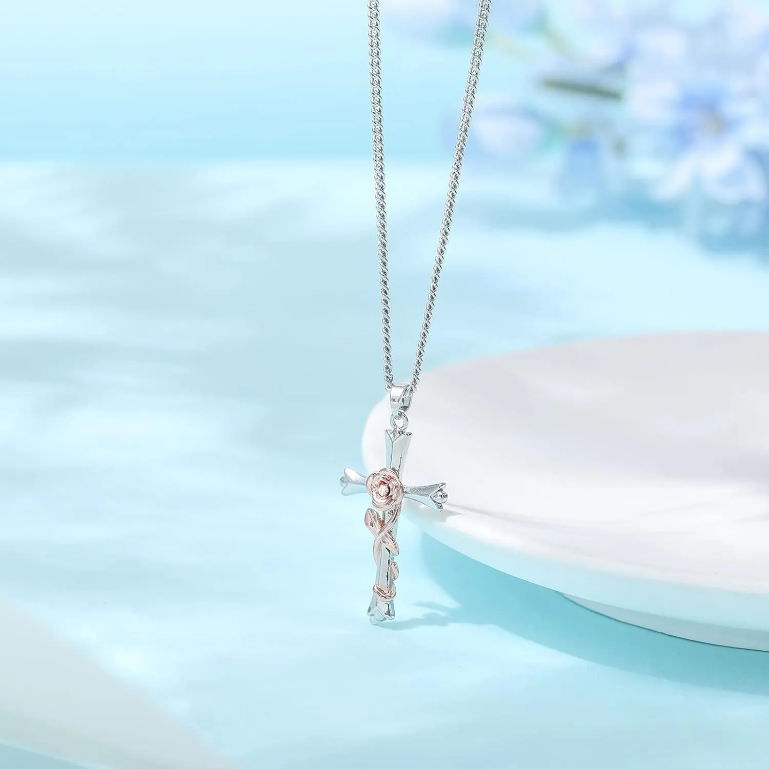 ACECHA Cross Necklace for Women | Silver Faith Birthstone Cross Pendant with Birth Flower Jewelry Gifts for Teen Wife Women for Birthday Anniversary