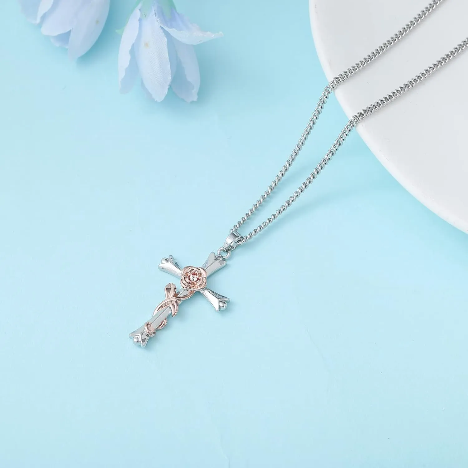 ACECHA Cross Necklace for Women | Silver Faith Birthstone Cross Pendant with Birth Flower Jewelry Gifts for Teen Wife Women for Birthday Anniversary