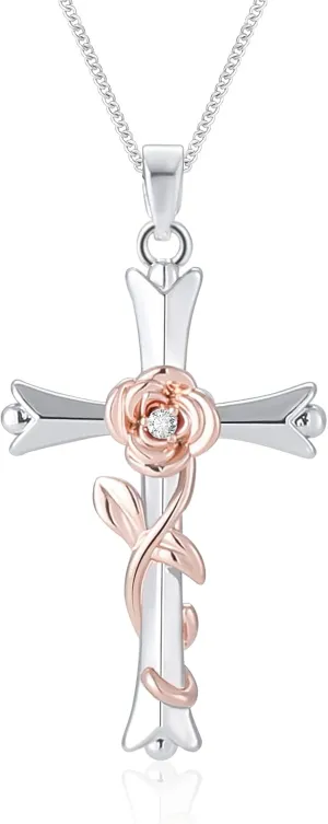 ACECHA Cross Necklace for Women | Silver Faith Birthstone Cross Pendant with Birth Flower Jewelry Gifts for Teen Wife Women for Birthday Anniversary