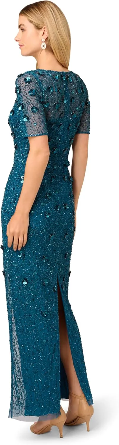 Adrianna Papell Women's Beaded Long 3D Floral Dress