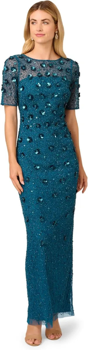 Adrianna Papell Women's Beaded Long 3D Floral Dress