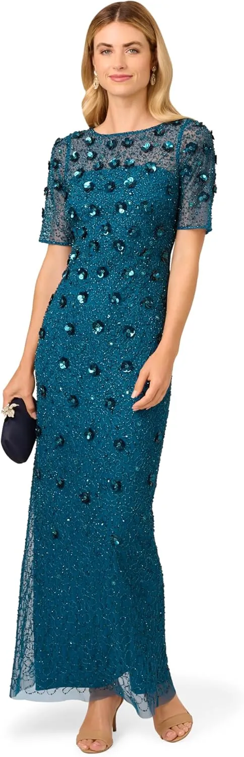 Adrianna Papell Women's Beaded Long 3D Floral Dress