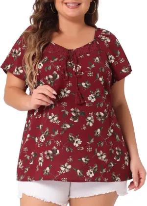 Agnes Orinda Plus Size Blouse for Women Short Sleeve Tie Neck Floral Print Casual Blouses Tops