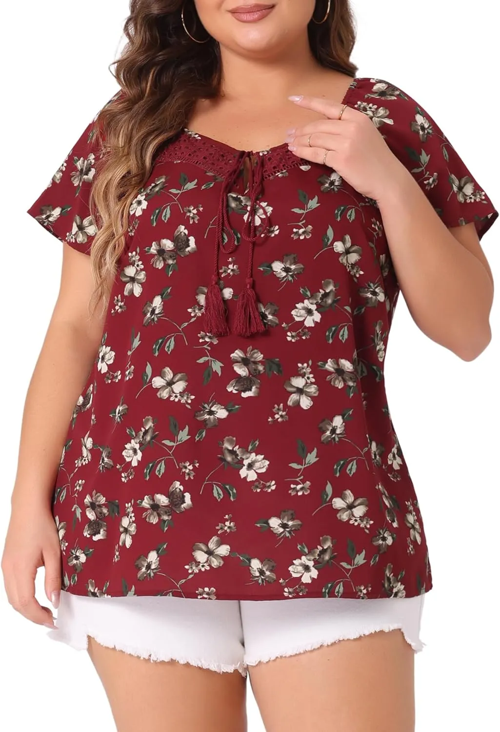 Agnes Orinda Plus Size Blouse for Women Short Sleeve Tie Neck Floral Print Casual Blouses Tops