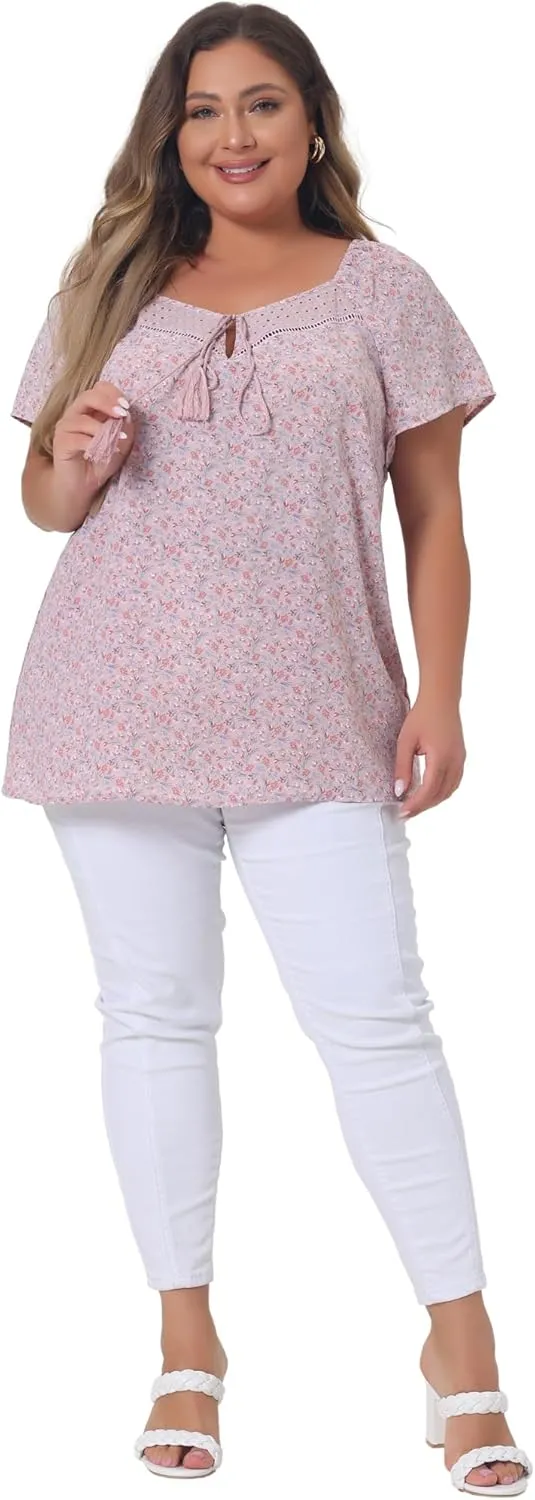 Agnes Orinda Plus Size Blouse for Women Short Sleeve Tie Neck Floral Print Casual Blouses Tops