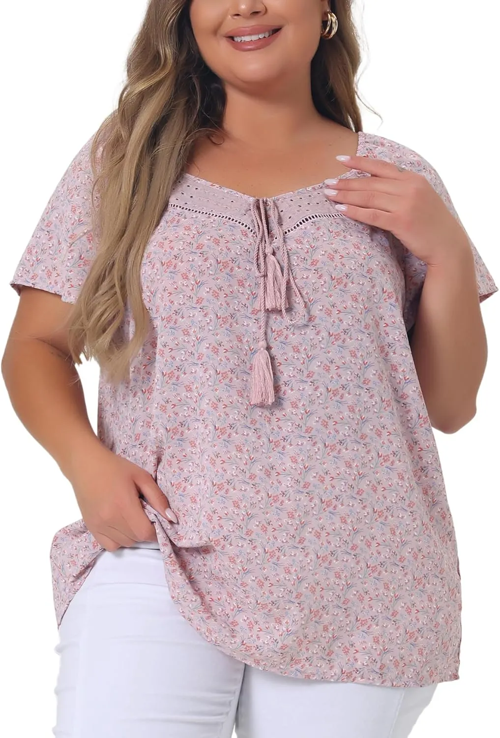 Agnes Orinda Plus Size Blouse for Women Short Sleeve Tie Neck Floral Print Casual Blouses Tops