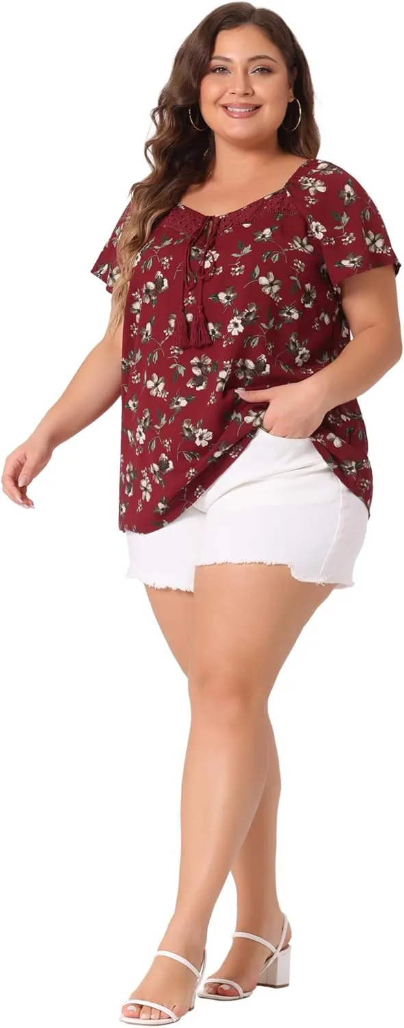 Agnes Orinda Plus Size Blouse for Women Short Sleeve Tie Neck Floral Print Casual Blouses Tops