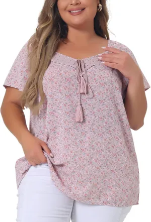 Agnes Orinda Plus Size Blouse for Women Short Sleeve Tie Neck Floral Print Casual Blouses Tops