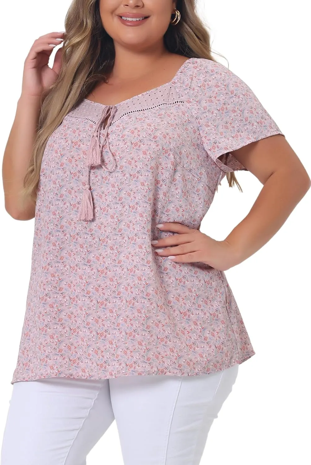 Agnes Orinda Plus Size Blouse for Women Short Sleeve Tie Neck Floral Print Casual Blouses Tops