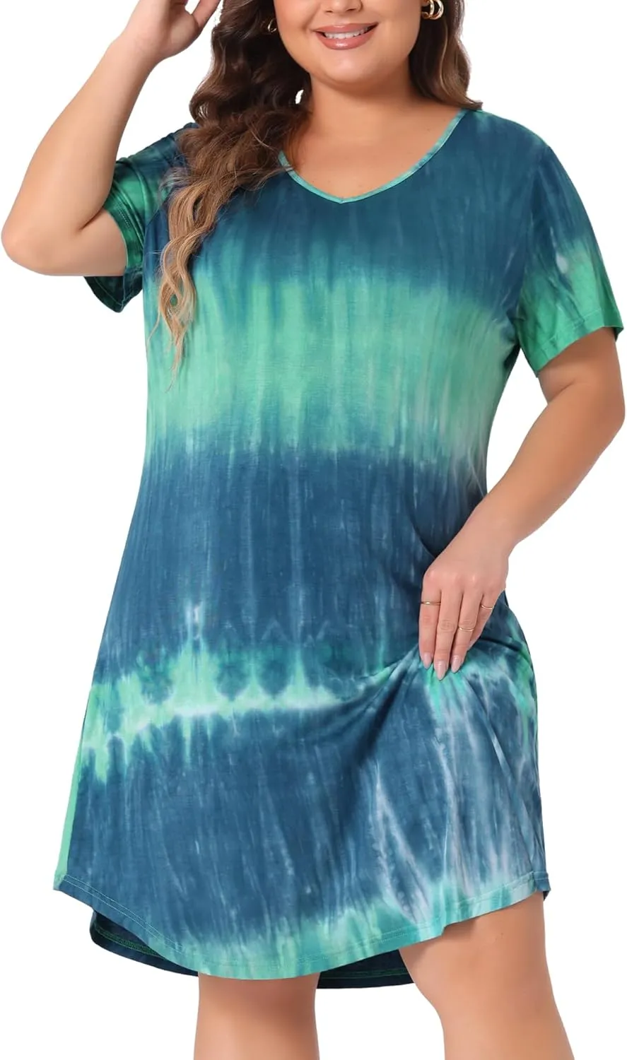 Agnes Orinda Tie Dye Dress for Women Plus Size 2024 Summer V Neck Short Sleeve Casual Dresses