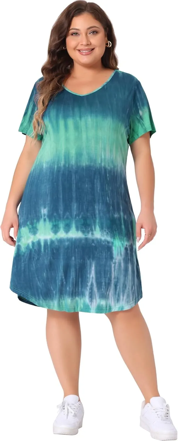 Agnes Orinda Tie Dye Dress for Women Plus Size 2024 Summer V Neck Short Sleeve Casual Dresses