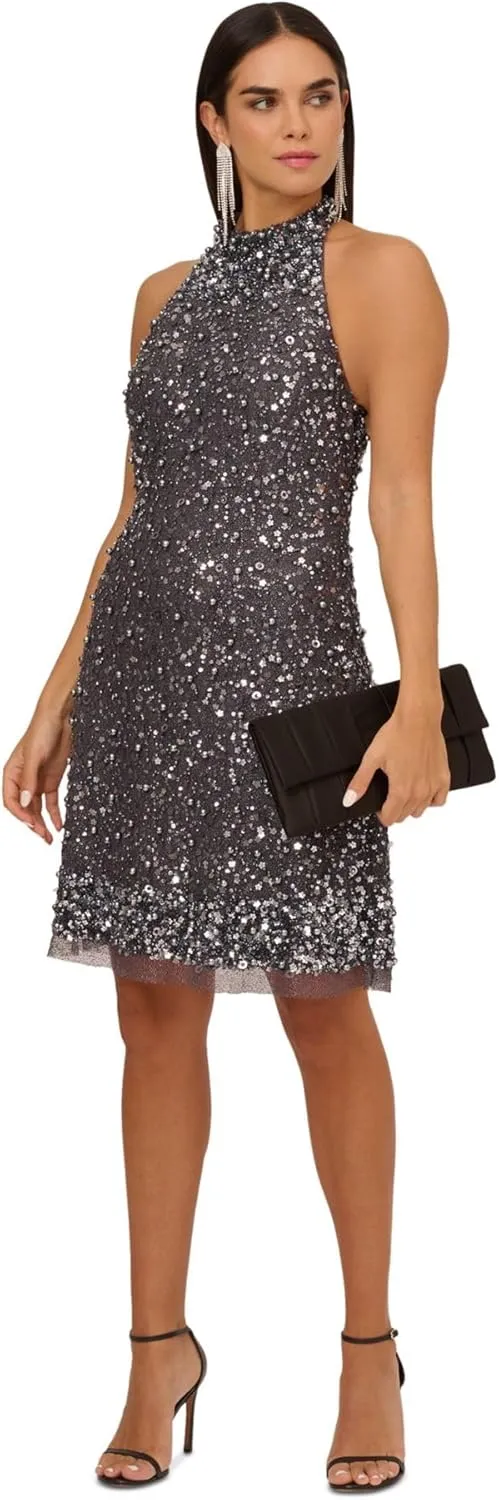Aidan by Aidan Mattox Women's Beaded Halter Swing Dress