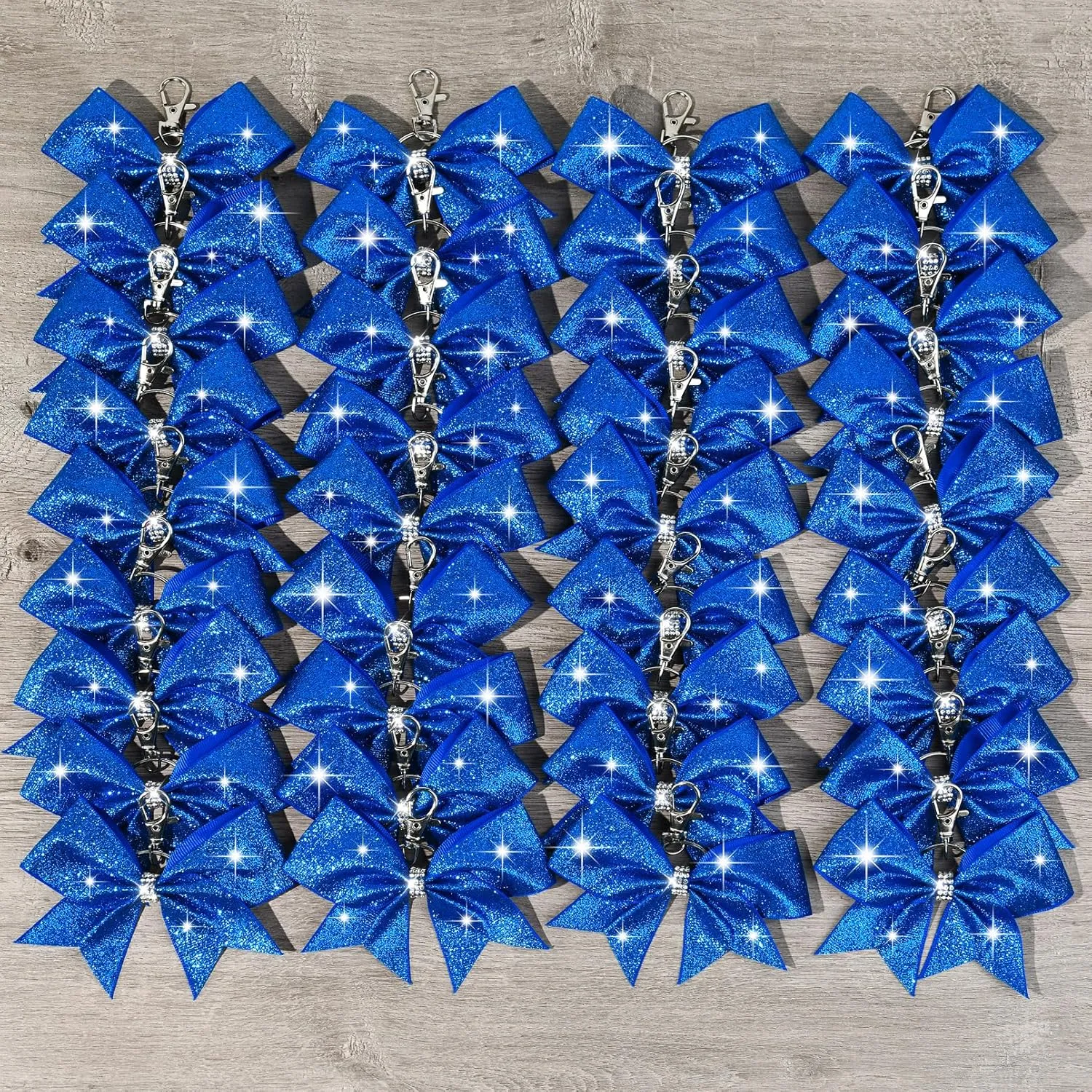 Aileam Cheer Bow Keychain, 36 PCS Glitter Blue Fabric with Glitter, Rhinestones and Sequin Embellishments, 4.5*1.6inch, for Girls Hair Securing, Cheerleading, Dance Performances