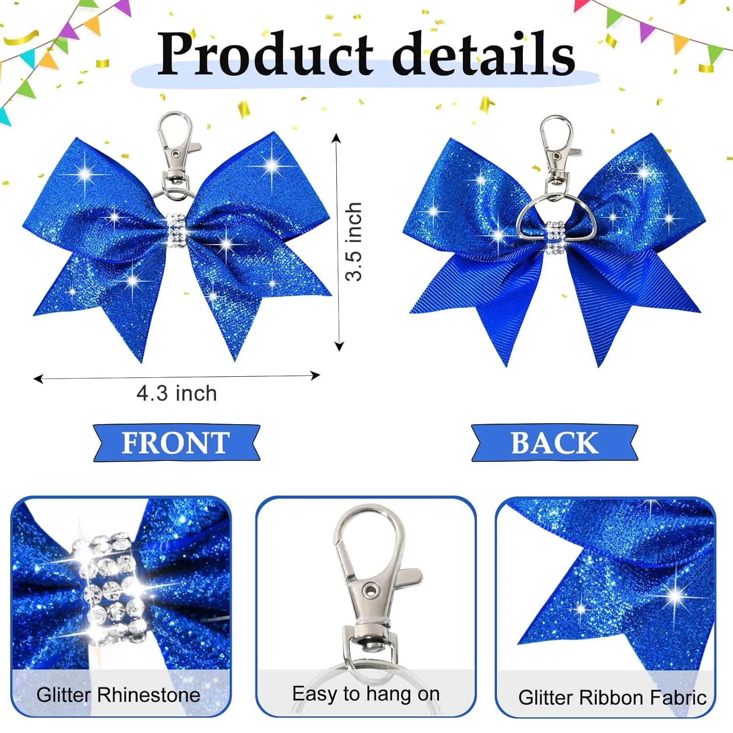 Aileam Cheer Bow Keychain, 36 PCS Glitter Blue Fabric with Glitter, Rhinestones and Sequin Embellishments, 4.5*1.6inch, for Girls Hair Securing, Cheerleading, Dance Performances