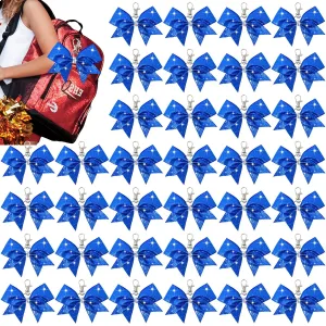 Aileam Cheer Bow Keychain, 36 PCS Glitter Blue Fabric with Glitter, Rhinestones and Sequin Embellishments, 4.5*1.6inch, for Girls Hair Securing, Cheerleading, Dance Performances