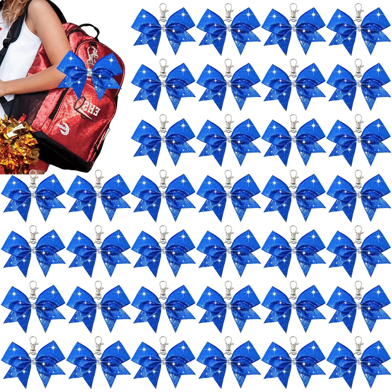 Aileam Cheer Bow Keychain, 36 PCS Glitter Blue Fabric with Glitter, Rhinestones and Sequin Embellishments, 4.5*1.6inch, for Girls Hair Securing, Cheerleading, Dance Performances