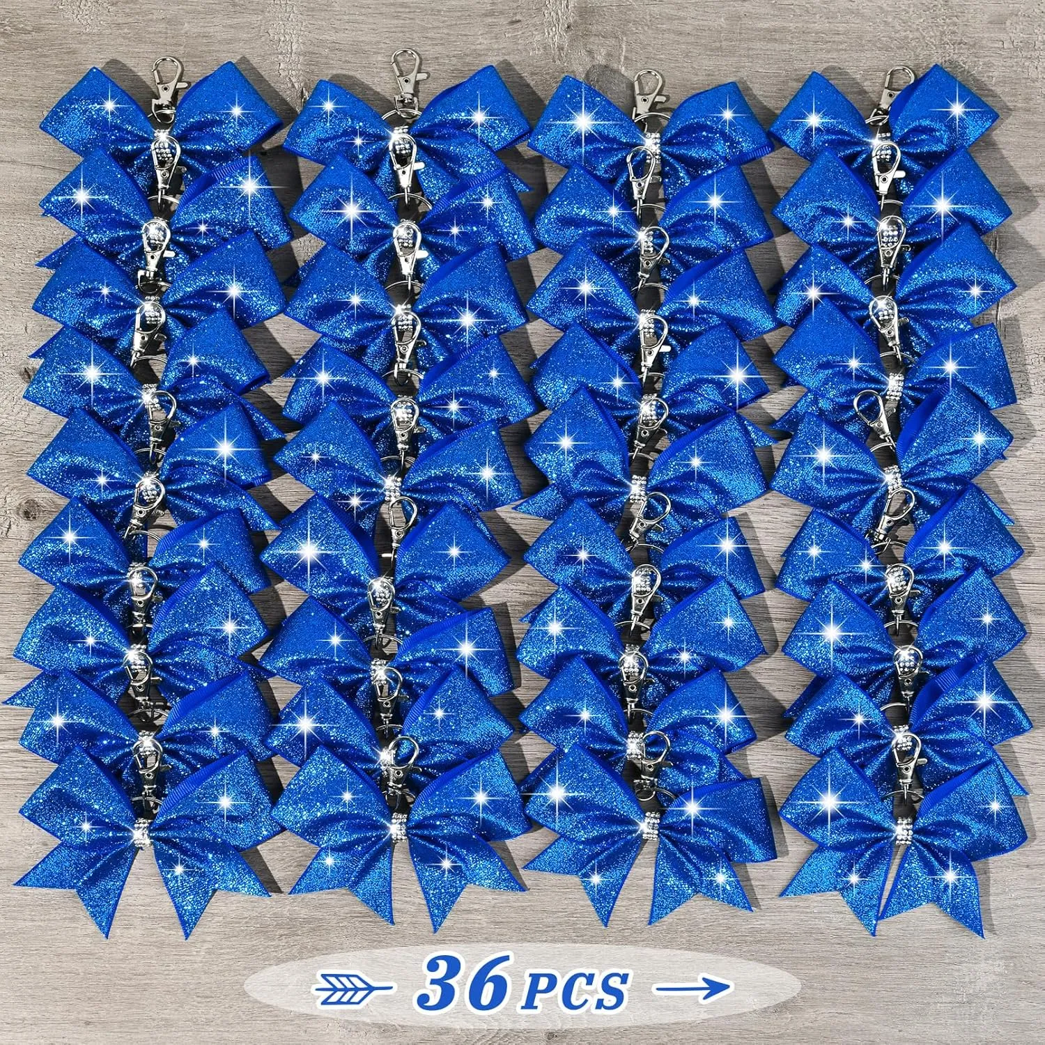 Aileam Cheer Bow Keychain, 36 PCS Glitter Blue Fabric with Glitter, Rhinestones and Sequin Embellishments, 4.5*1.6inch, for Girls Hair Securing, Cheerleading, Dance Performances