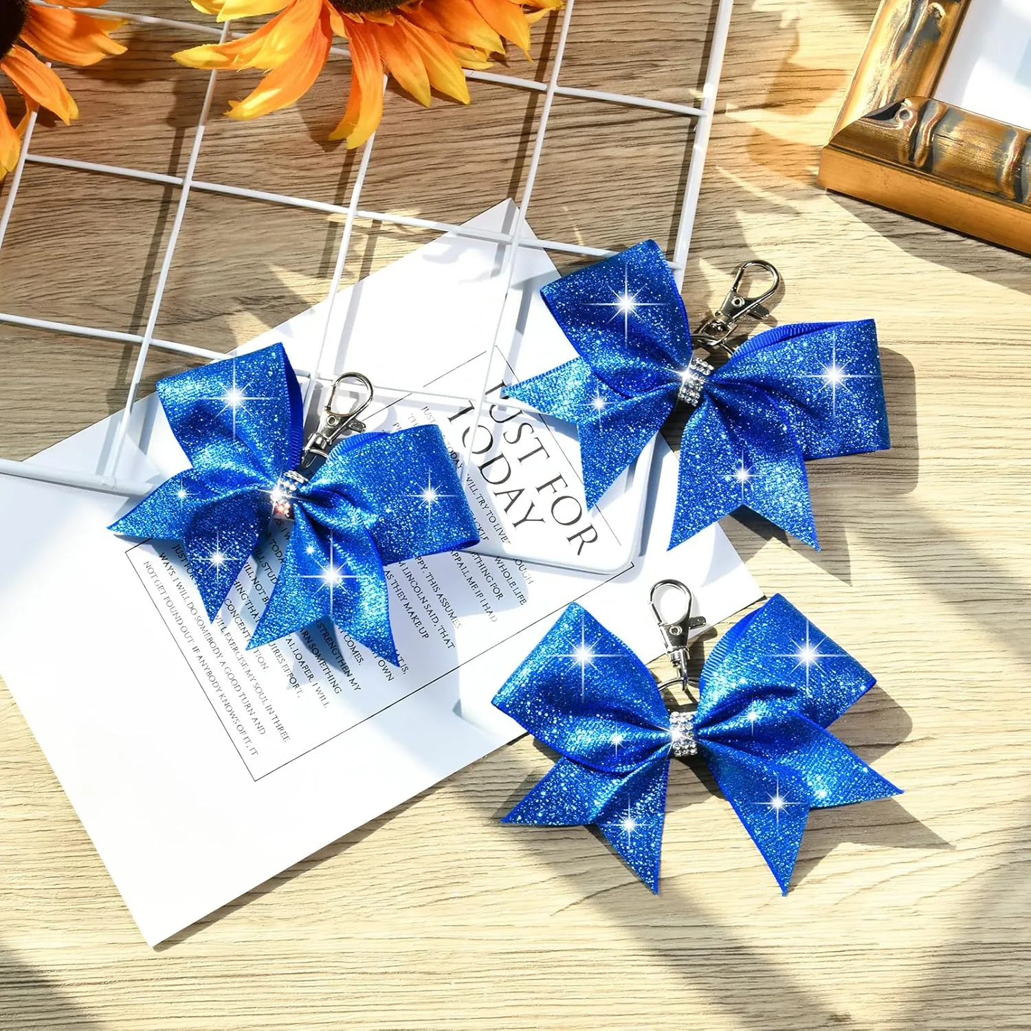 Aileam Cheer Bow Keychain, 36 PCS Glitter Blue Fabric with Glitter, Rhinestones and Sequin Embellishments, 4.5*1.6inch, for Girls Hair Securing, Cheerleading, Dance Performances