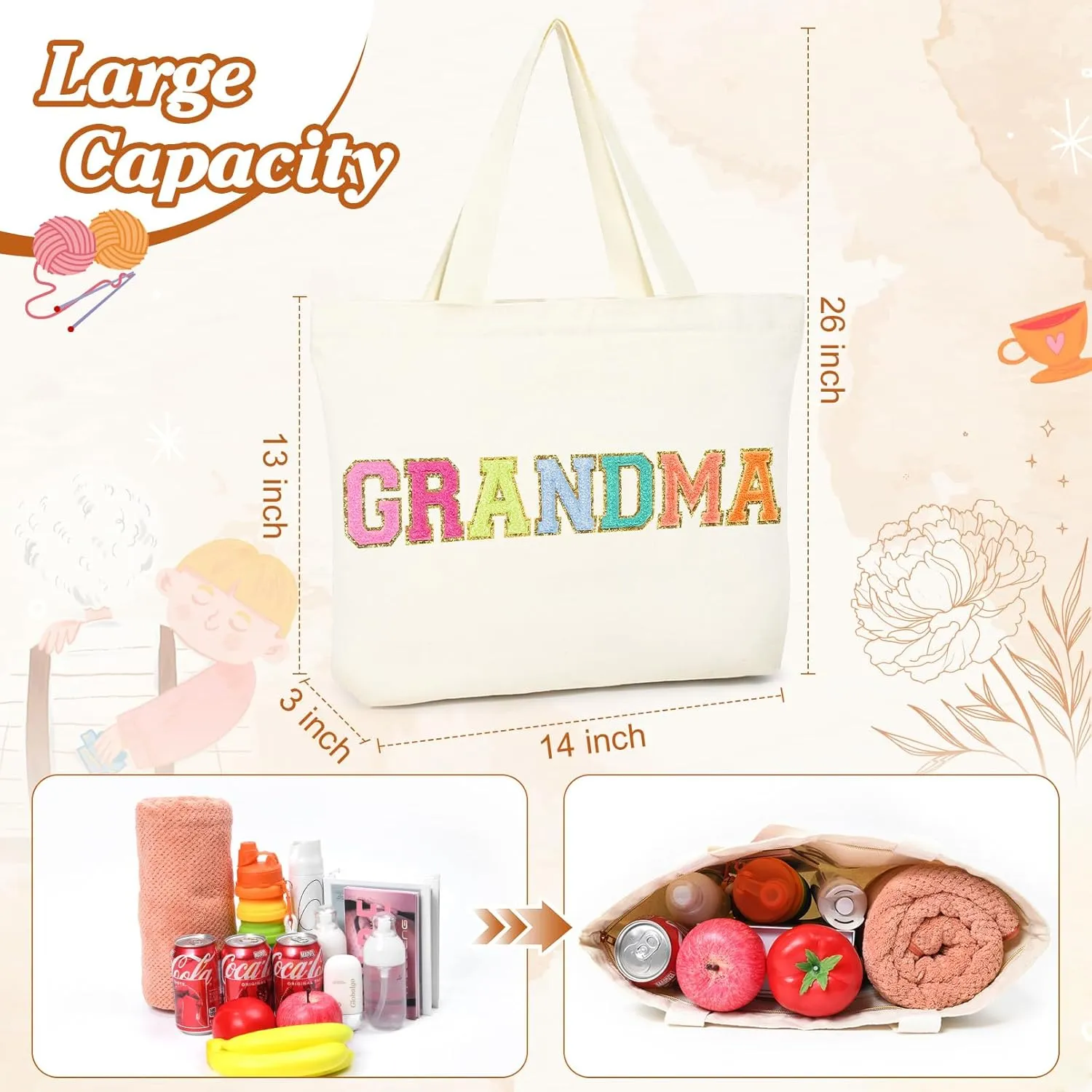 Aileam Grandma Tote Bag Mothers Day Gifts for Grandma Birthday Gigi Nana Bag Tote Best New Gift Canvas Shopping Bag