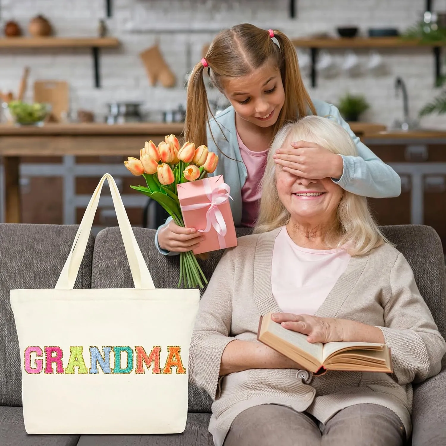 Aileam Grandma Tote Bag Mothers Day Gifts for Grandma Birthday Gigi Nana Bag Tote Best New Gift Canvas Shopping Bag