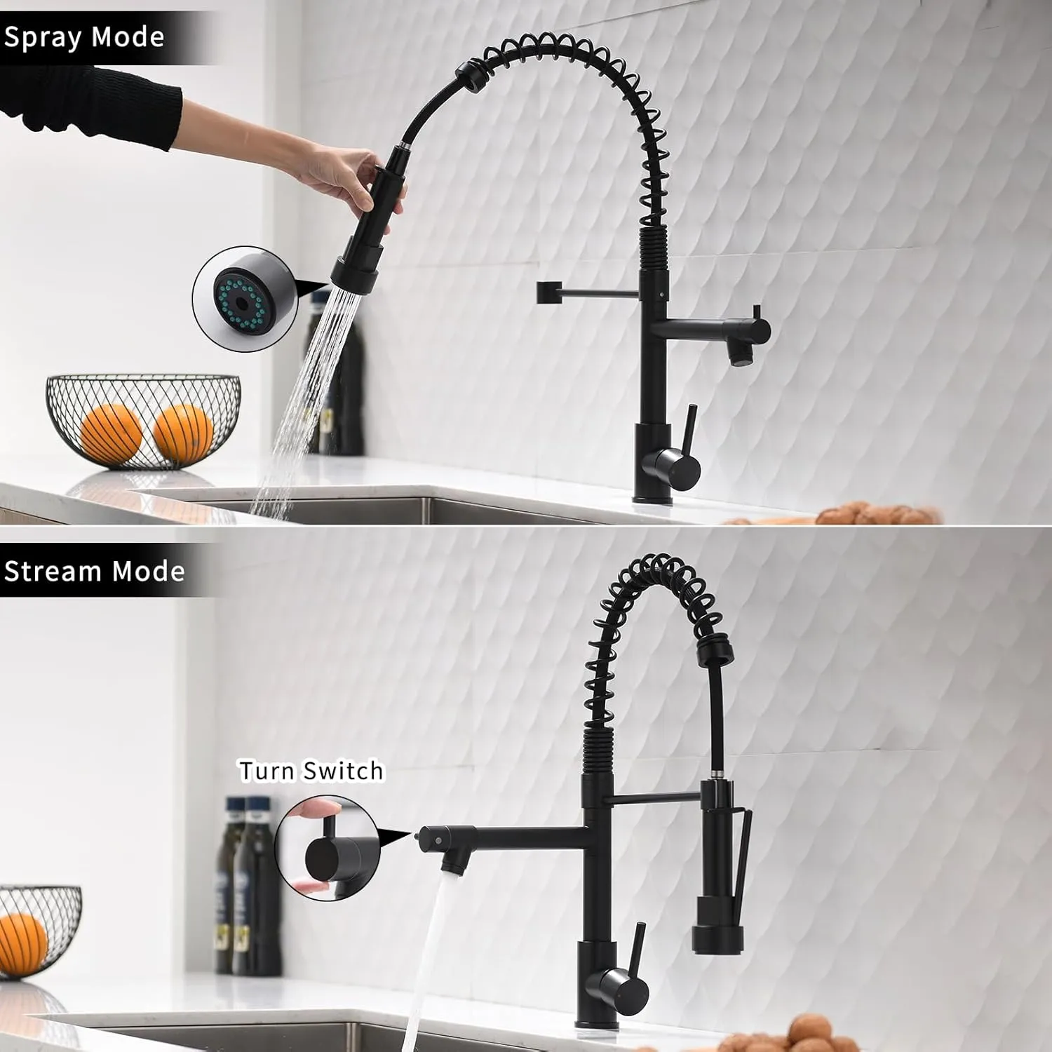 AIMADI Black Kitchen Faucet with 2 Function Sprayer,Commercial Stainless Steel Single Handle Single Hole Spring Matte Black Kitchen Faucet