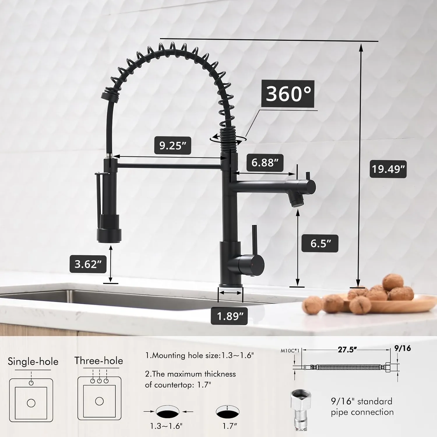 AIMADI Black Kitchen Faucet with 2 Function Sprayer,Commercial Stainless Steel Single Handle Single Hole Spring Matte Black Kitchen Faucet