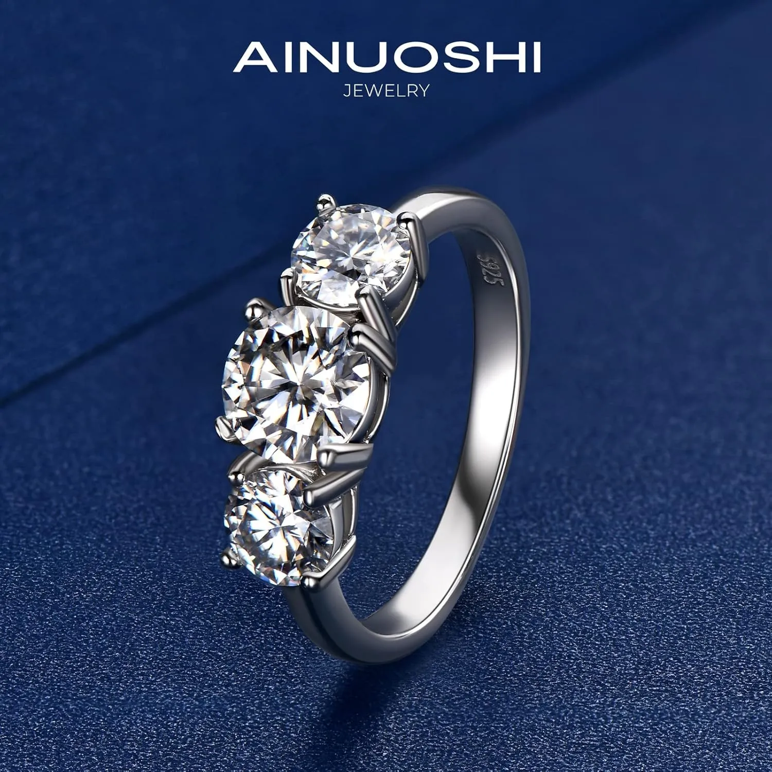 AINUOSHI 2-4CT Moissanite Engagement Ring, 3-stone Wedding Band for Women 925 Sterling Silver Round Cut lab Created Diamond Anniversary Promise Rings for Her Christmas Gift, Jewelry Box Packed With Certificate