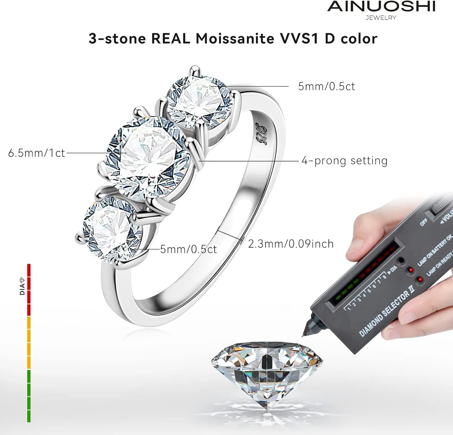 AINUOSHI 2-4CT Moissanite Engagement Ring, 3-stone Wedding Band for Women 925 Sterling Silver Round Cut lab Created Diamond Anniversary Promise Rings for Her Christmas Gift, Jewelry Box Packed With Certificate