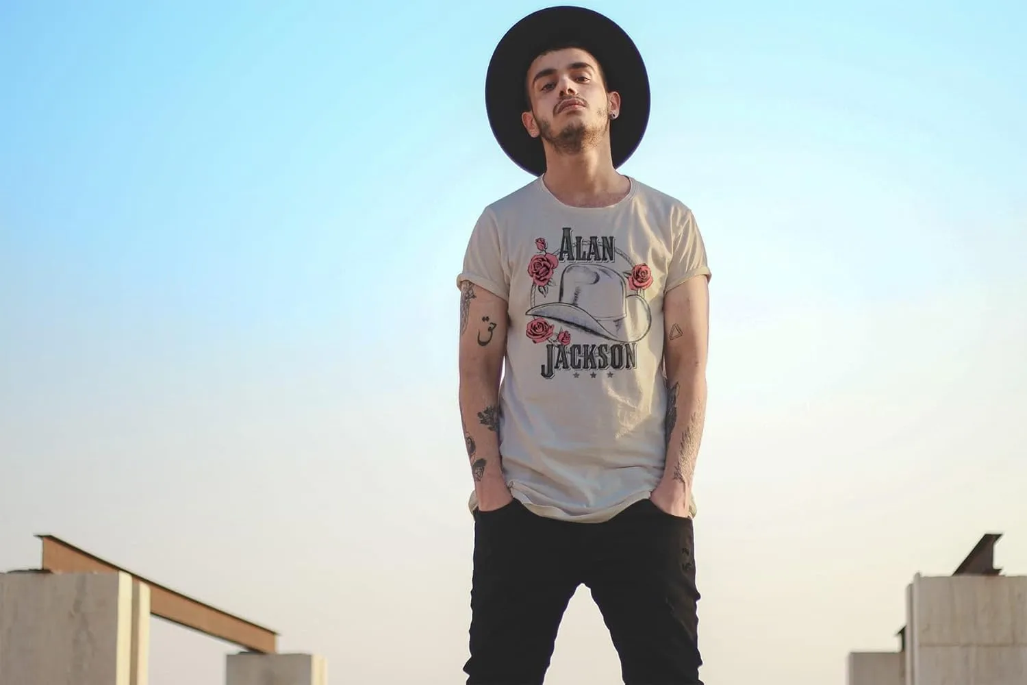 Alan Jackson Hat and Roses Adult Short Sleeve T Shirt Country Music Singer Vintage Style Graphic Tees