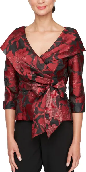 Alex Evenings Women's 3/4 Sleeve Portrait Collar Printed Stretch Jacquard Blouse with Tie Belt