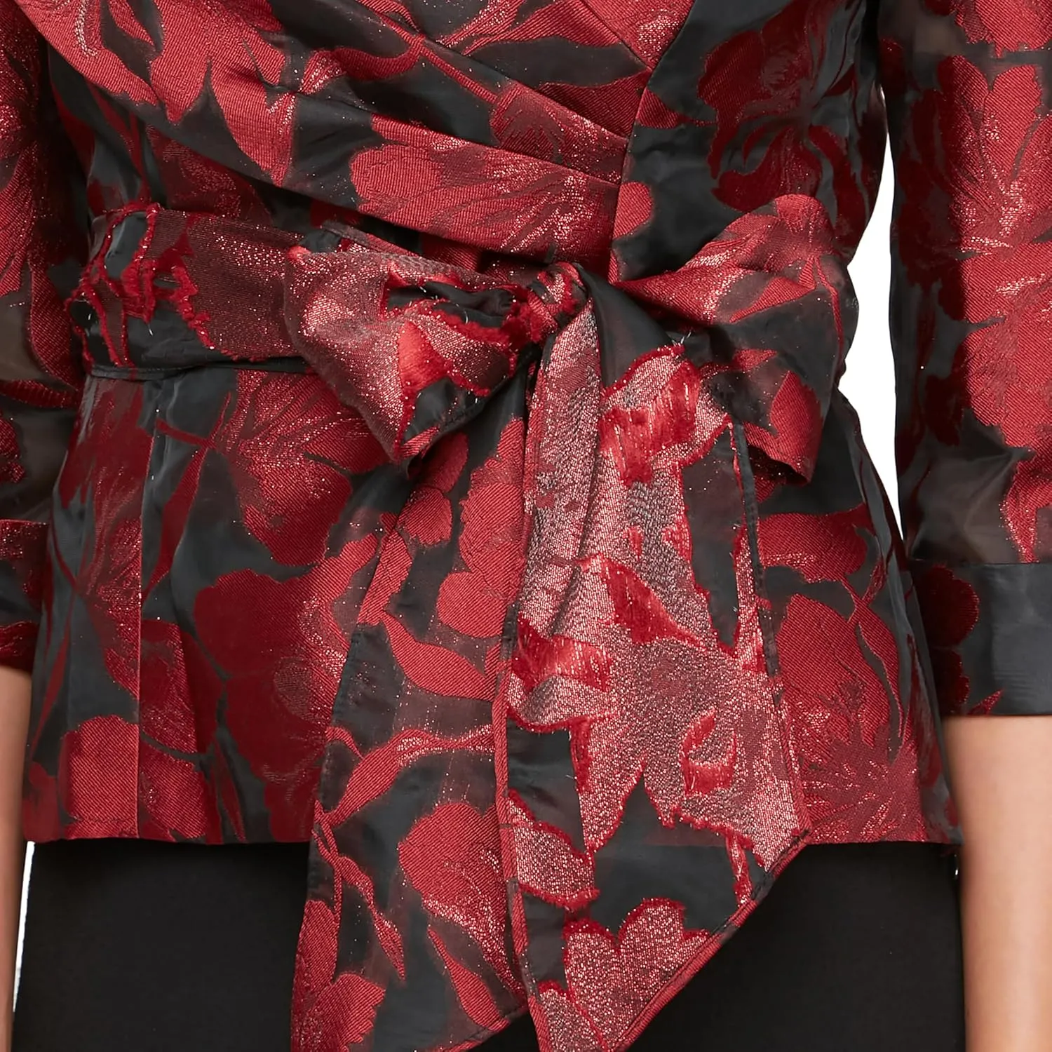 Alex Evenings Women's 3/4 Sleeve Portrait Collar Printed Stretch Jacquard Blouse with Tie Belt