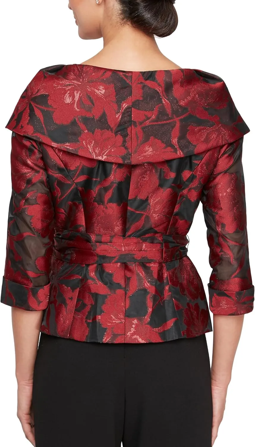 Alex Evenings Women's 3/4 Sleeve Portrait Collar Printed Stretch Jacquard Blouse with Tie Belt