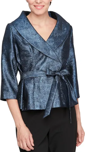 Alex Evenings Women's 3/4 Sleeve Portrait Collar Printed Stretch Jacquard Blouse with Tie Belt