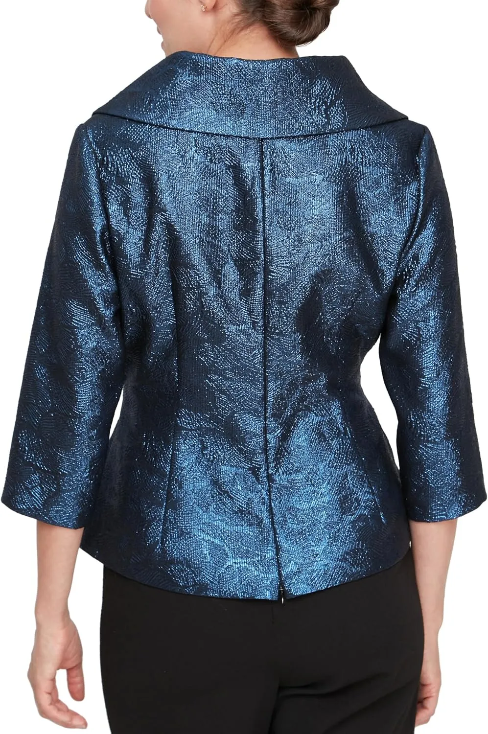 Alex Evenings Women's 3/4 Sleeve Portrait Collar Printed Stretch Jacquard Blouse with Tie Belt