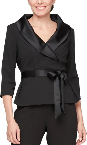 Alex Evenings Women's 3/4 Sleeve Tuxedo Top with Tie Waist, Formal Blouse (Petite and Regular Sizes)