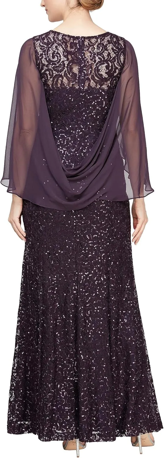 Alex Evenings Women's Long A-line Dress with Draped Cowl Back