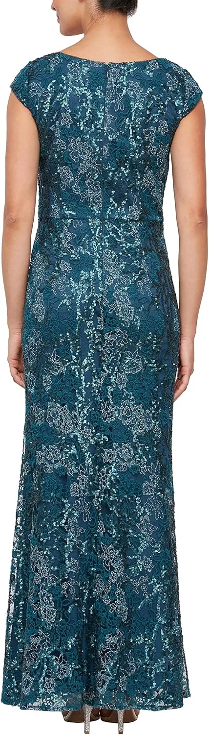 Alex Evenings Women's Long Embroidered Cap Sleeve Dress