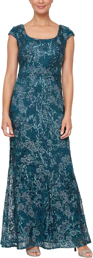 Alex Evenings Women's Long Embroidered Cap Sleeve Dress