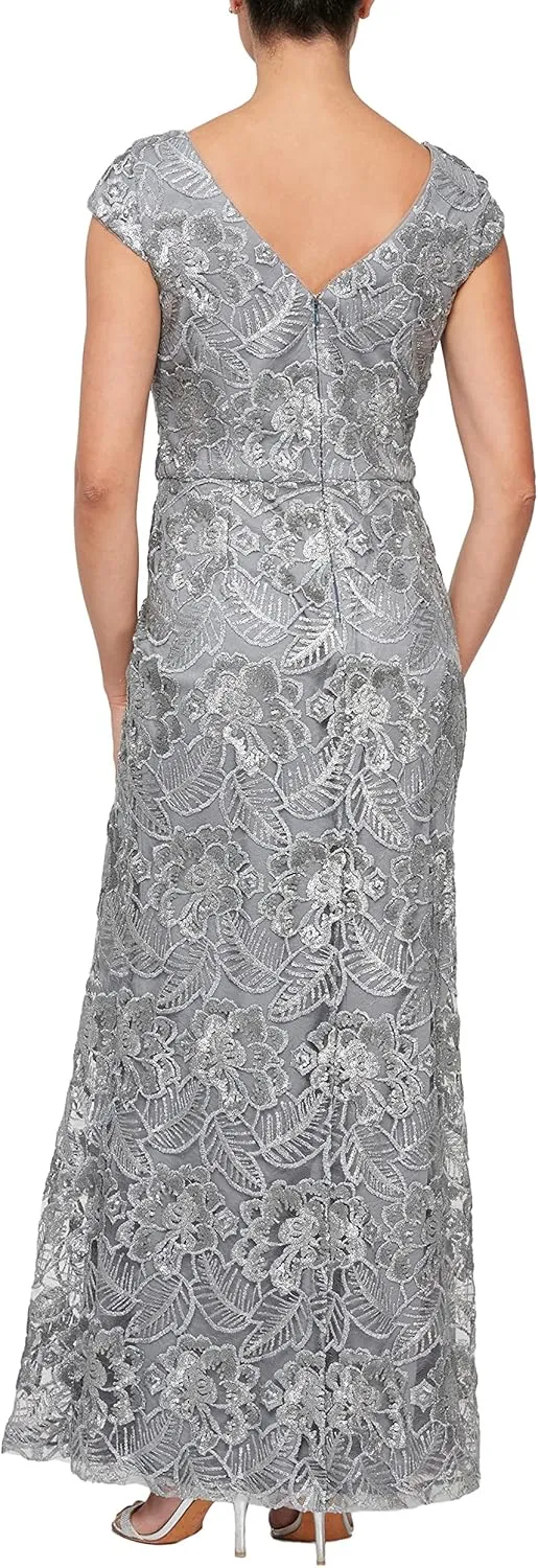 Alex Evenings Women's Long Embroidered Cap Sleeve Dress