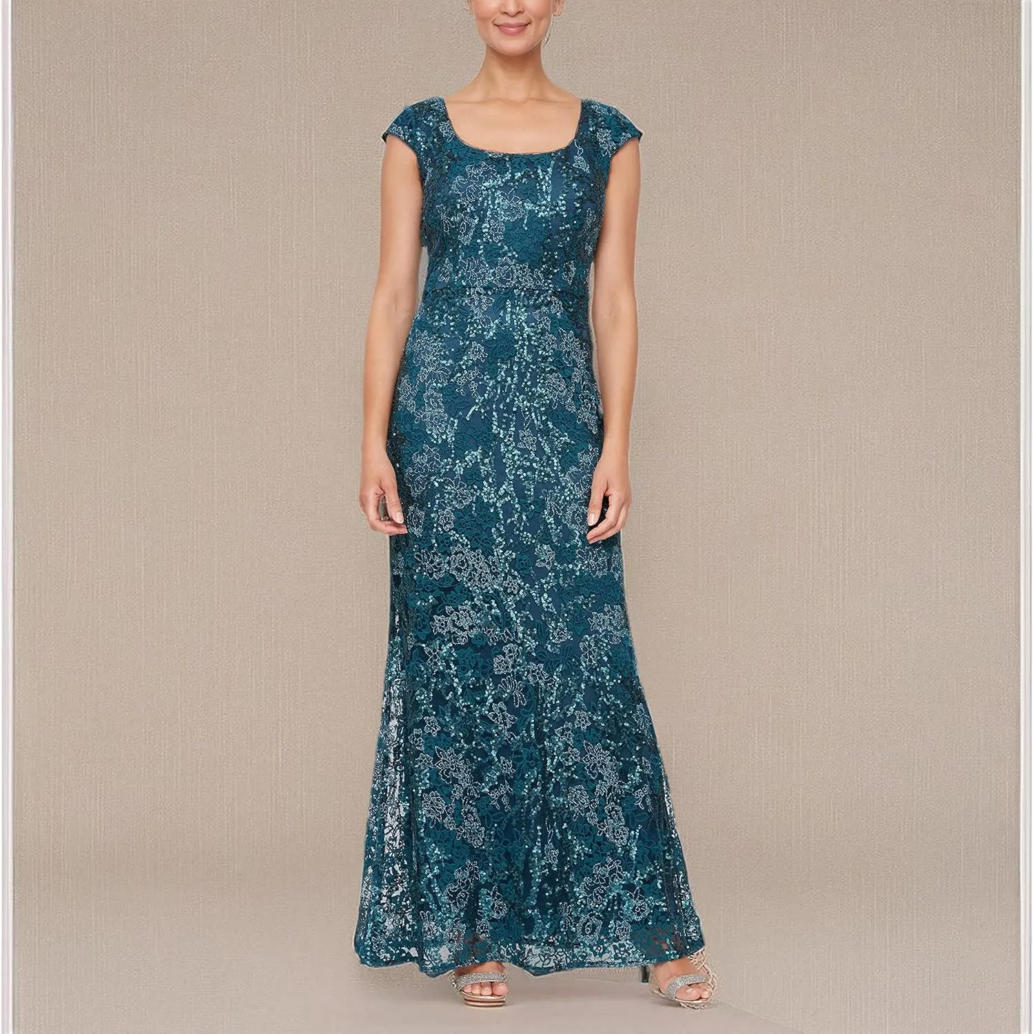 Alex Evenings Women's Long Embroidered Cap Sleeve Dress