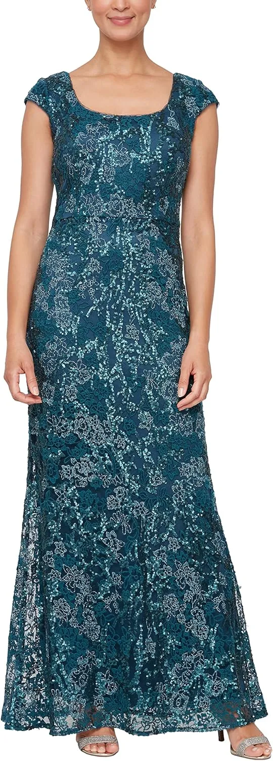 Alex Evenings Women's Long Embroidered Cap Sleeve Dress