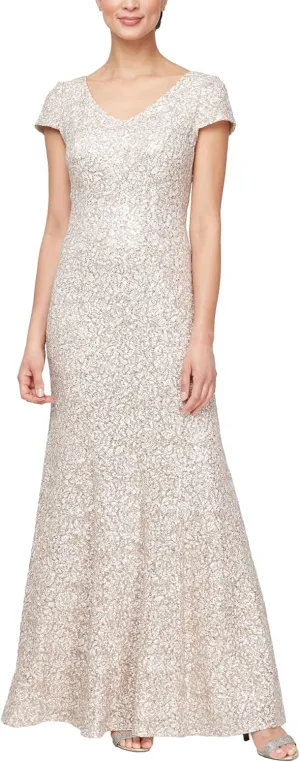 Alex Evenings Women's Long Rosette Mother of The Bride Dress with Short Sleeves, Wedding Guest (Petite and Regular Sizes)
