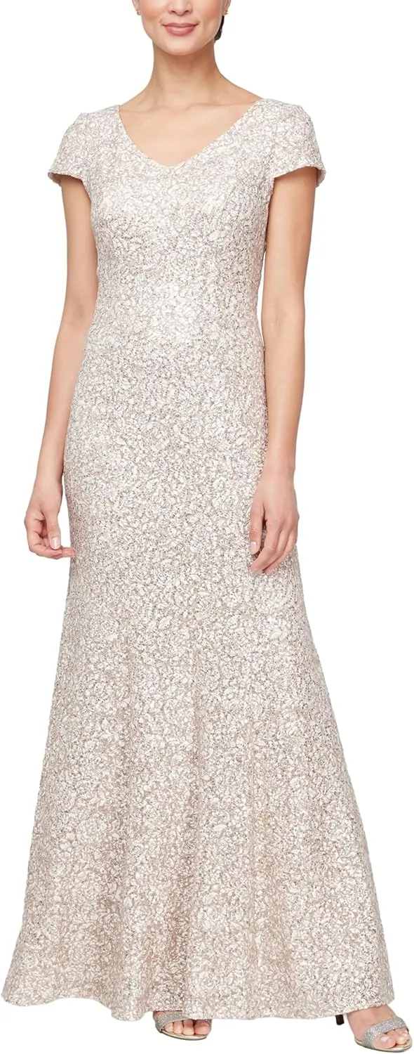 Alex Evenings Women's Long Rosette Mother of The Bride Dress with Short Sleeves, Wedding Guest (Petite and Regular Sizes)