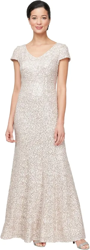 Alex Evenings Women's Long Rosette Mother of The Bride Dress with Short Sleeves, Wedding Guest (Petite and Regular Sizes)