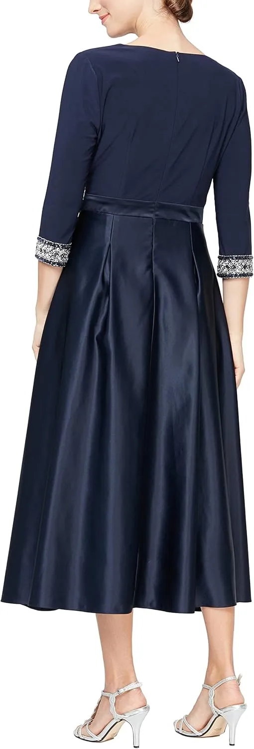 Alex Evenings Women's Satin Ballgown Formal Event Dress with Pockets and Tie Belt (Petite and Regular Sizes)