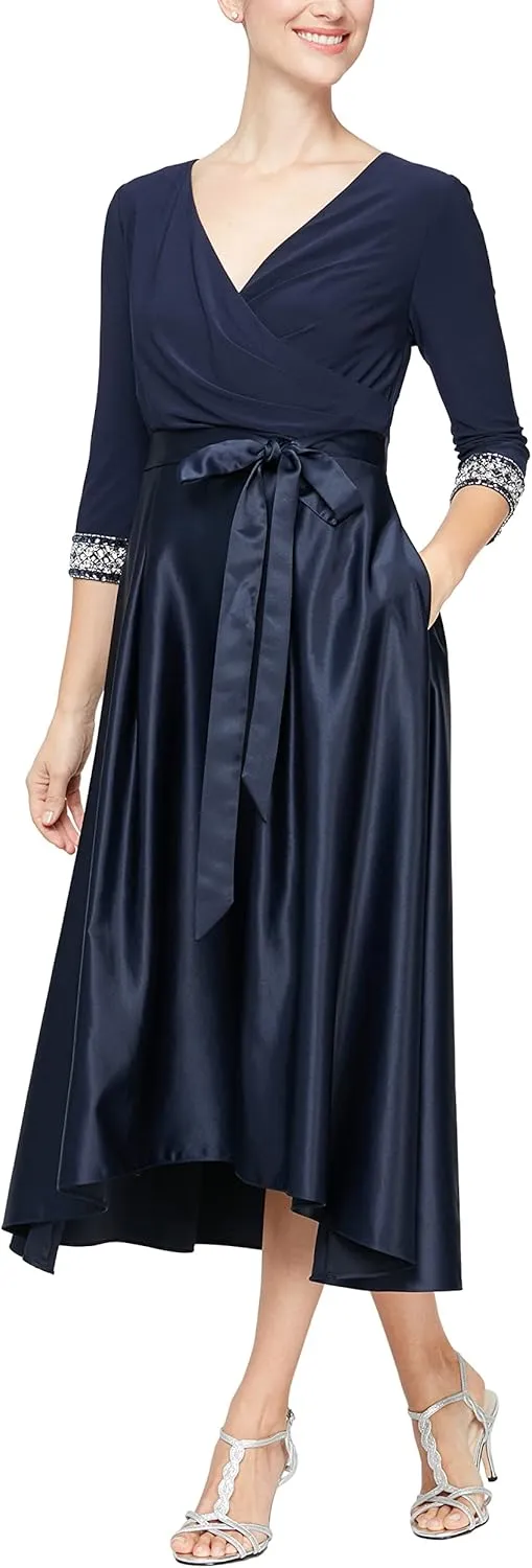 Alex Evenings Women's Satin Ballgown Formal Event Dress with Pockets and Tie Belt (Petite and Regular Sizes)