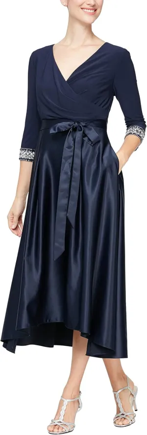 Alex Evenings Women's Satin Ballgown Formal Event Dress with Pockets and Tie Belt (Petite and Regular Sizes)