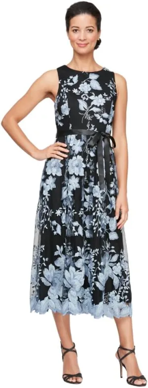 Alex Evenings Women's Sleeveless Midi Dress with Elegant Embroidery, Full Skirt and Tie Belt (Petite and Regular Sizes)