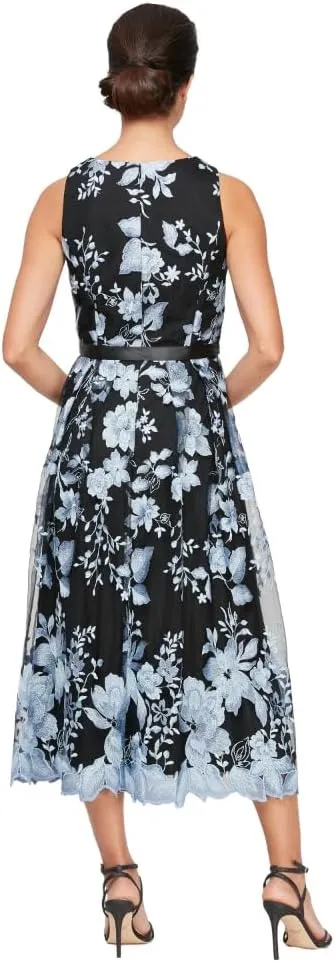 Alex Evenings Women's Sleeveless Midi Dress with Elegant Embroidery, Full Skirt and Tie Belt (Petite and Regular Sizes)