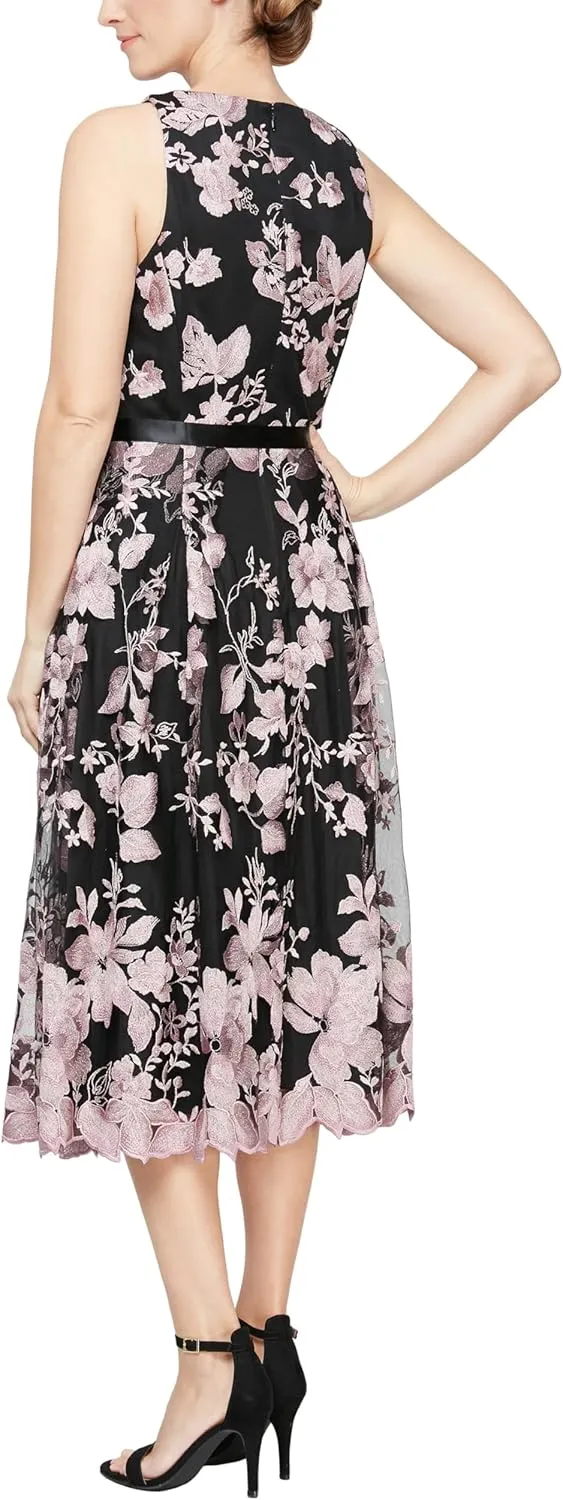 Alex Evenings Women's Sleeveless Midi Dress with Elegant Embroidery, Full Skirt and Tie Belt (Petite and Regular Sizes)